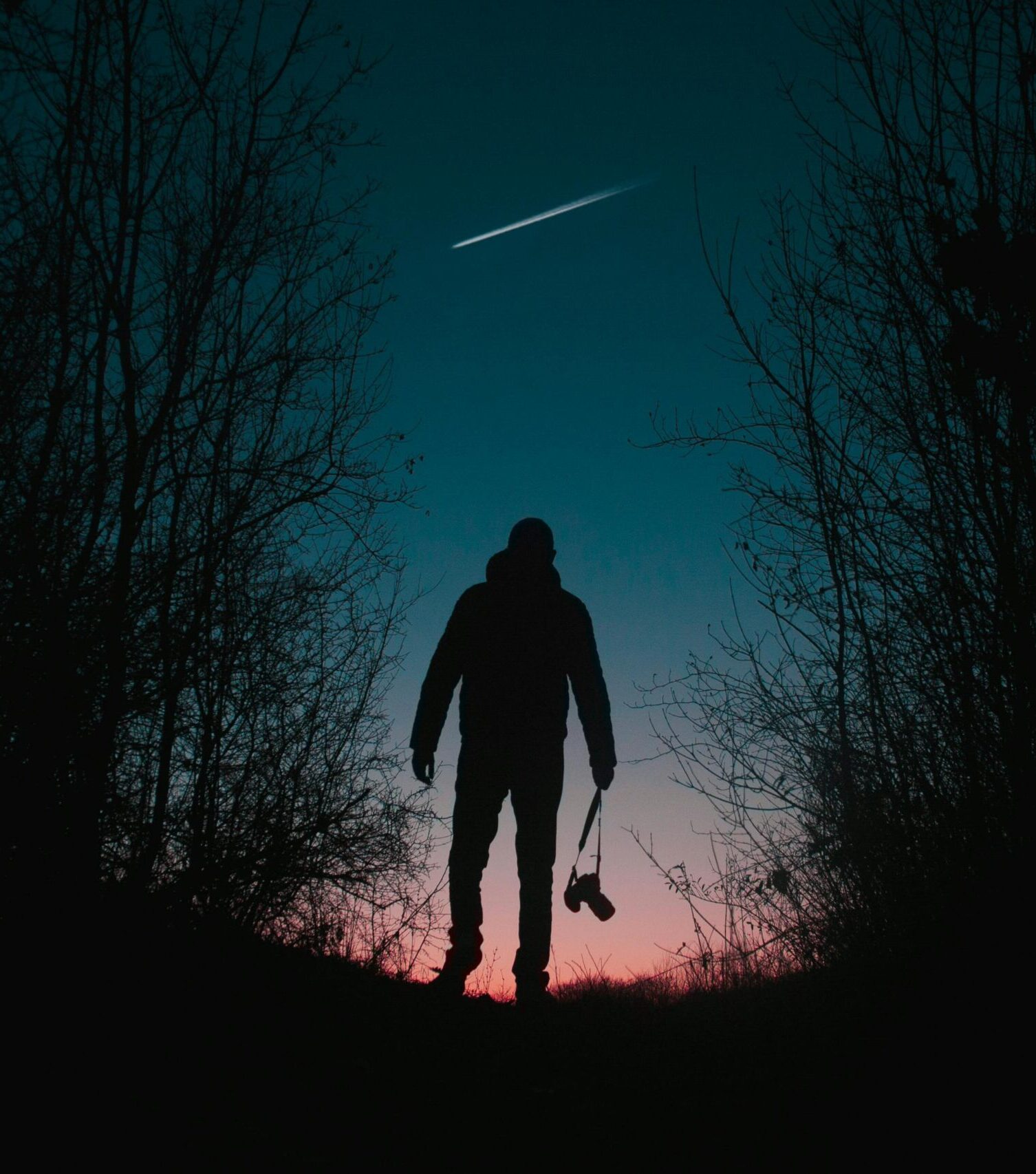 A photographer stands silhouetted in a Kragujevac forest under a starry sky with a shooting star.
